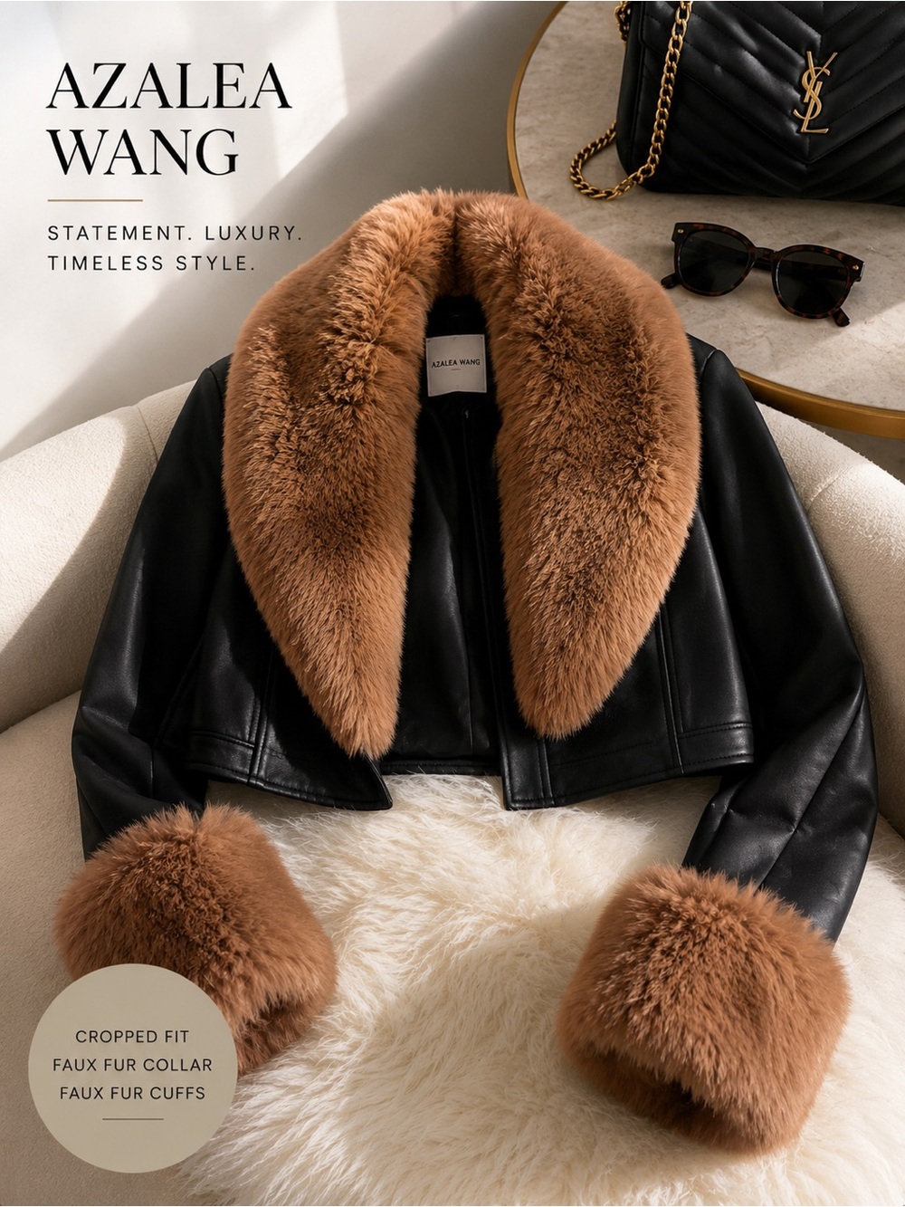 Azalea Wang Black Faux Fur Collar Cropped Jacket | Statement Winter Coat